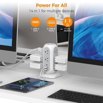 Surge Protector Power Strip Tower 10 Ft, TESSAN Flat Plug Extension Cord with 11 AC Outlets 3 USB Ports (1 USB C), 1050J Protection Charging Station for Home, Office Supplies, Dorm Room Essentials