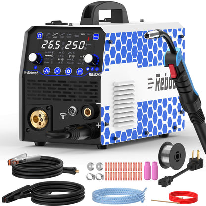 Reboot 250Amp 8-in-1 MIG Welder RBM2500 PRO and 10-Pack MB15 Ceramic Nozzles – 120V/240V Multiprocess Machine w/Gas MIG, Flux Core, Lift TIG, Stick, Spot & Spool Gun