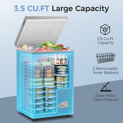 OSTBA 3.5 Cu.Ft Chest Freezer, Compact Deep Freezer with 2 Removable Baskets, Bottom Wheels, 6-Level Temperature Control with Fast Freeze Mode, Energy Saving Quiet Freezer, Silver