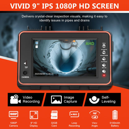 Sewer Camera with 512Hz Transmitter, Self-Leveling Drain Camera 100ft with Meter Counter, 9" HD Plumbing Camera Snake with 12 LED Lights, 5100mAh Battery, IP68 Waterproof, 32GB DVR for Pipe Inspection