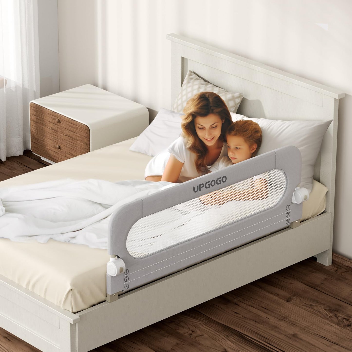 UPGOGO Folding Bed Rail for Toddlers,Baby Bed Rail Guard with Reinforced Anchor Safety System,Fit Bunk,Full Size,Queen,King,Twin(Grey,71"x23.6")