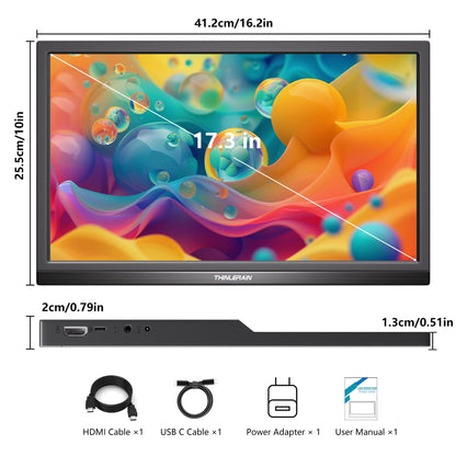 Thinlerian 17.3 Inch Portable Monitor 1600x900 HD Resolution with USB-C HDMI Dual Speakers, External Display Second Screen for Laptop PC Phone, Travel, Office