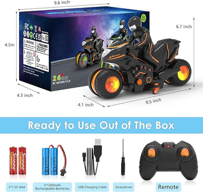 Remote Control Motorcycle for Kids 5-12 2026 New Edition RC Stunt Bike with Sideways Glide RGB Color-Changing Wheels 2.4GHz Anti-Interference 2x1200mAh Battery Gift for Boys Girls