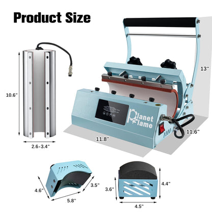 PlanetFlame Tumbler and Hat Heat Press Machine, 2-in-1 Combo Machine for Cup and Cap with Gloves and High Temp Heat Resistant Tape for 11oz-30oz Sublimation Tumbler and All Caps, Blue