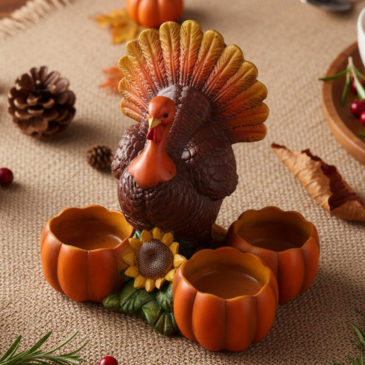 Thanksgiving Turkey Tealight Candle Holder with 3 Pumpkin & Sunflower Decor, Thanksgiving Table Centerpieces Autumn Votive Candle Holder Turkey Figurine for Fall Home Decor