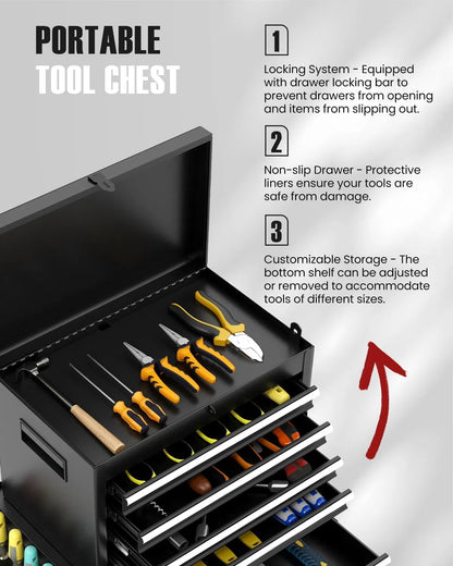 ARNOT 2-in-1 Rolling Tool Chest with 5 Drawers, Heavy-Duty Metal Tool Box with Wheels, Detachable Top Tool Box & Rolling Tool Cabinet for Garage, DIY (5-Drawers, Black)