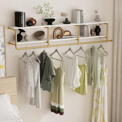 ORSENIGO Industrial Pipe Clothing Rack with Shelves, Gold Wall Mounted Clothes Rack for Home Retail