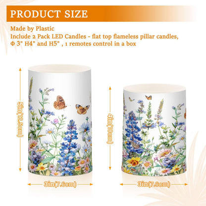 Flower Lights Flameless Candles Watercolor Wildflowers Spring Pillar Candles Set of 2 Battery Operated Remote Control Warm Lights Home Decor