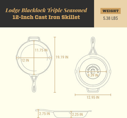 Lodge Blacklock 12" Triple Seasoned Cast Iron Skillet - Lightweight Design | Effortless Cleanup