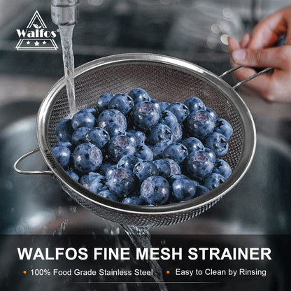 Walfos Extra Fine Mesh Strainer Set of 4-9.35", 6.95", 4.6", 2.7", Stainless Steel 30 Mesh Sieve with Sturdy Handle, Kitchen Food Strainers Sifters for Quinoa, Pasta, Fruits, Vegetables, Rice, Tea