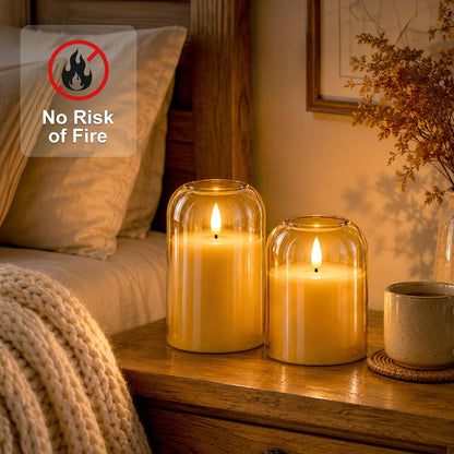 ARIKJ Amber Glass Flameless Candles with Remote, 3-Pack LED Pillar Candles for Classy Fall Decor, Modern Aesthetic Room, Thanksgiving Centerpiece, Boho Shelf, Mantel & Coffee Table