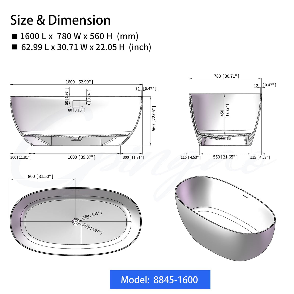 Cpingao 63" Solid Surface Freestanding Bathtub, Modern Oval Shape Soaking Tub, Stone Resin Stand Alone Bathtub with Drain & Integrated Slotted Overflow Matte White 8845-1600