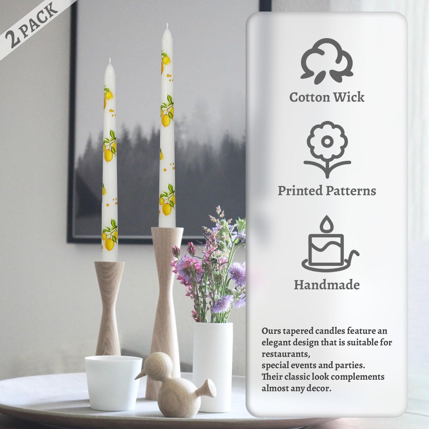 Floral Taper Candles 10 Inch Tall Unscented Handmade White Lemon Print Long Burning Elegant Candlesticks for Wedding Dinner Home Decor