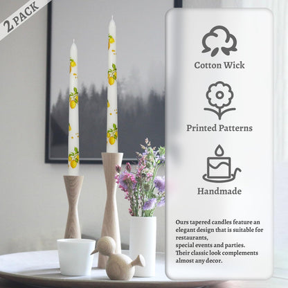 Floral Taper Candles 10 Inch Tall Unscented Handmade White Lemon Print Long Burning Elegant Candlesticks for Wedding Dinner Home Decor