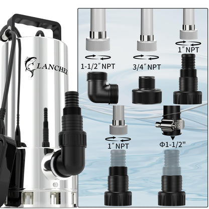 LANCHEZ 1.6HP 6000GPH Sump Pump, Stainless Steel High Flow Submersible Water Pump with Float Switch, Automatic Transfer Water Pump for Swimming Pool Basement Flooded Pit Sewage Sink Tub, Silver