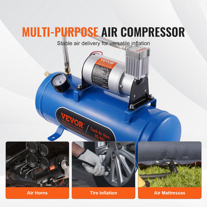 VEVOR 12V Air Compressor with 1.6 Gallon Tank, Train Horn Compressor, 120 psi Working Pressure, Inflating Tires, Air Mattresses