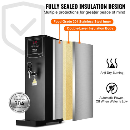 VEVOR Commercial Water Boiler, 20L Electric Hot Water Dispenser with 316 Stainless Steel Heating Tube, 1500W Step-by-step Fast Heating 50L/H Hot Water Boiler, for Coffee Tea Restaurant Office