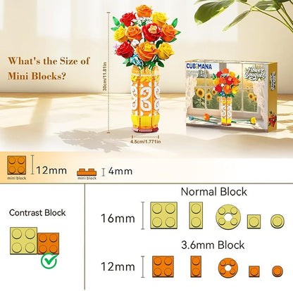 Flower Bouquet Building Set with Vase &amp LED Light Yellow Orange and Red Roses 3.6MM Mini Building Blocks Gifts for Women/Girlfriend/Wife Small Fake Flowers for Home Office Decor
