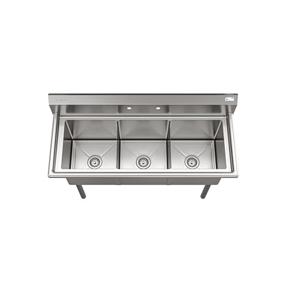 KoolMore 51 in. Three Compartment 18-Gauge Stainless-Steel NSF Commercial Kitchen Sink, Bowl Size 15x15x14, with Three Basins and Pre-Drilled Faucet Holes for Restaurants and Cafes (KM-SC151514-N3)