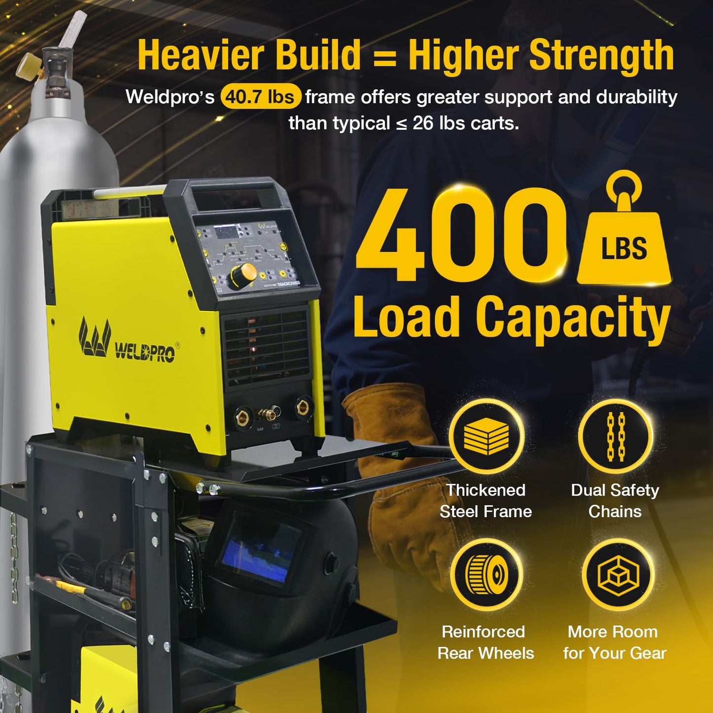 Weldpro 3-Tier Heavy Duty Welding Cart, Welder Cart for MIG/TIG Welder & Plasma Cutter, 400Lbs Capacity Rolling Welding Trolley with 360°Swivel Wheels & Safety Chains