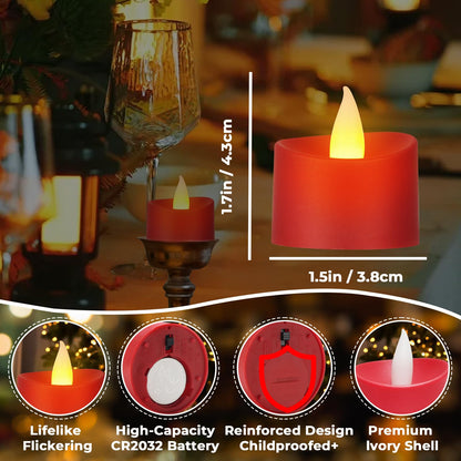 Haown 50 Pack Realistic Flameless LED Tea Lights with Red Base, Battery Operated Fake Candles with Flickering Moving Flame, Electric Votives for Valentine's Day, Wedding, Christmas, Romantic Decor