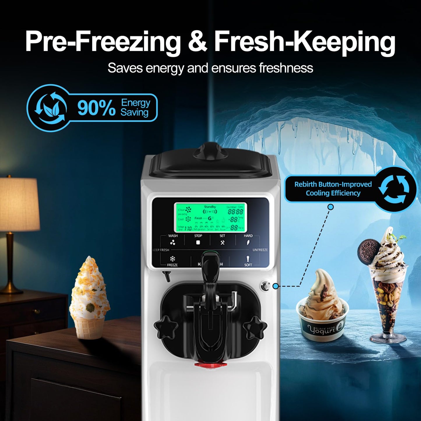 Ice Cream Maker Machine for Home, 5 Inch Screen Soft Serve Ice Cream Machine 3.5 Gals/H Single Flavor Ice Cream Maker with Pre-Cooling Soft Serve Machine with 1.6 Gals Tank for Birthday Party