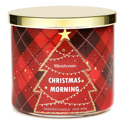 Christmas Scented Candle, MiraScents Christmas Morning Scented Candle, 3 Wicks Large Candle Natural Soy Wax Candles, Red Xmas Tree Candles Gifts, 14oz