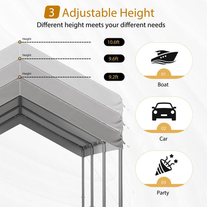 Aoxun Carport 10x20 ft Heavy Duty Carport Canopy, Adjustable Height Potable Car Canopy for Cars, Boats, Trucks, Outdoor Carport Shelter Portable Garage with Reinforced Frame, Gray