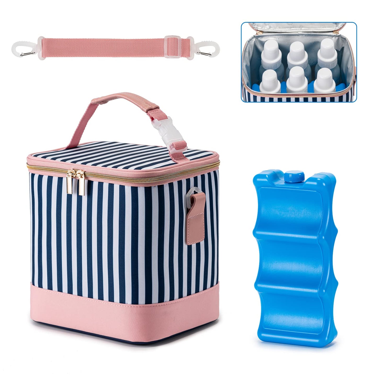 BABEYER Breastmilk Cooler Bag with Ice Pack Fits 6 Baby Bottles Up to 9 Ounce, Baby Bottle Bag with Shoulder Strap for Nursing Mom Daycare, Straps