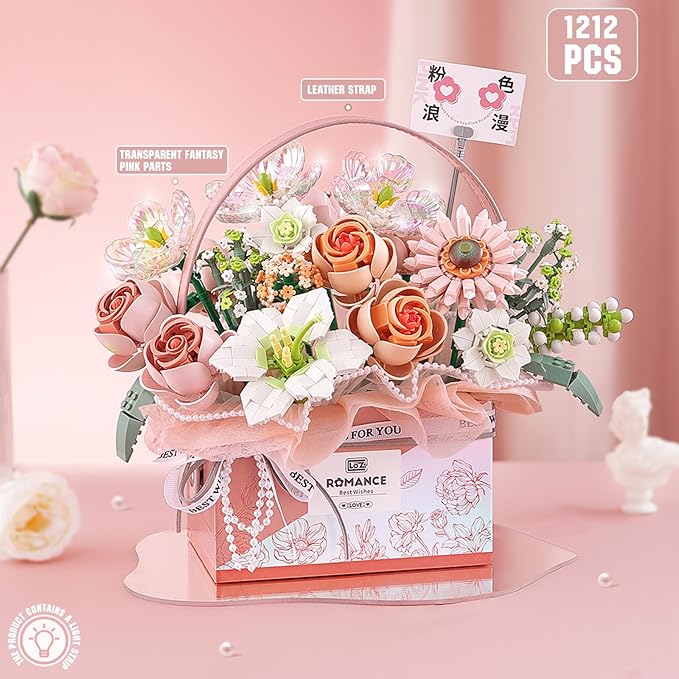 Flower Bouquet Building Blocks Model SetSimulation Artificial Rose Handheld Gift BoxBonsai Plant Building Bricks ToysHome Decor (Fantasy Pink)