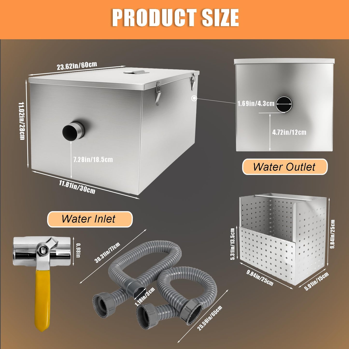 25lbs Commercial Grease Trap for Home Restaurants Under Sink, Stainless Steel Interceptor