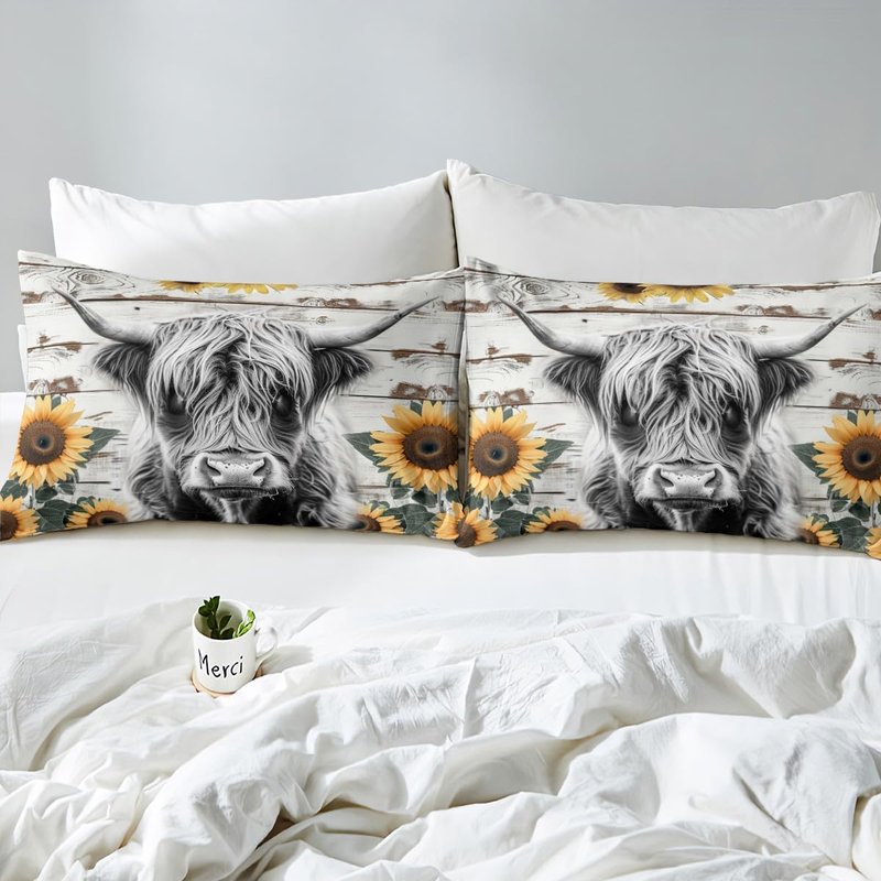 Highland Cow Bedding Set Kids Farm Highland Cattle Comforter Cover Set for Girls Women Sunflower Farmhouse Style Duvet Cover King Size Breathable Wood Grain Bedspread Cover Room Decor Quilt Cover