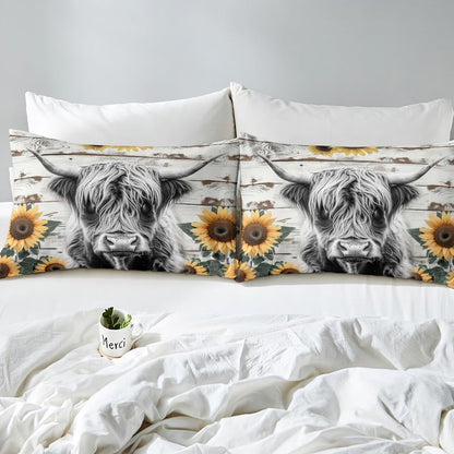 Highland Cow Bedding Set Kids Farm Highland Cattle Comforter Cover Set for Girls Women Sunflower Farmhouse Style Duvet Cover King Size Breathable Wood Grain Bedspread Cover Room Decor Quilt Cover