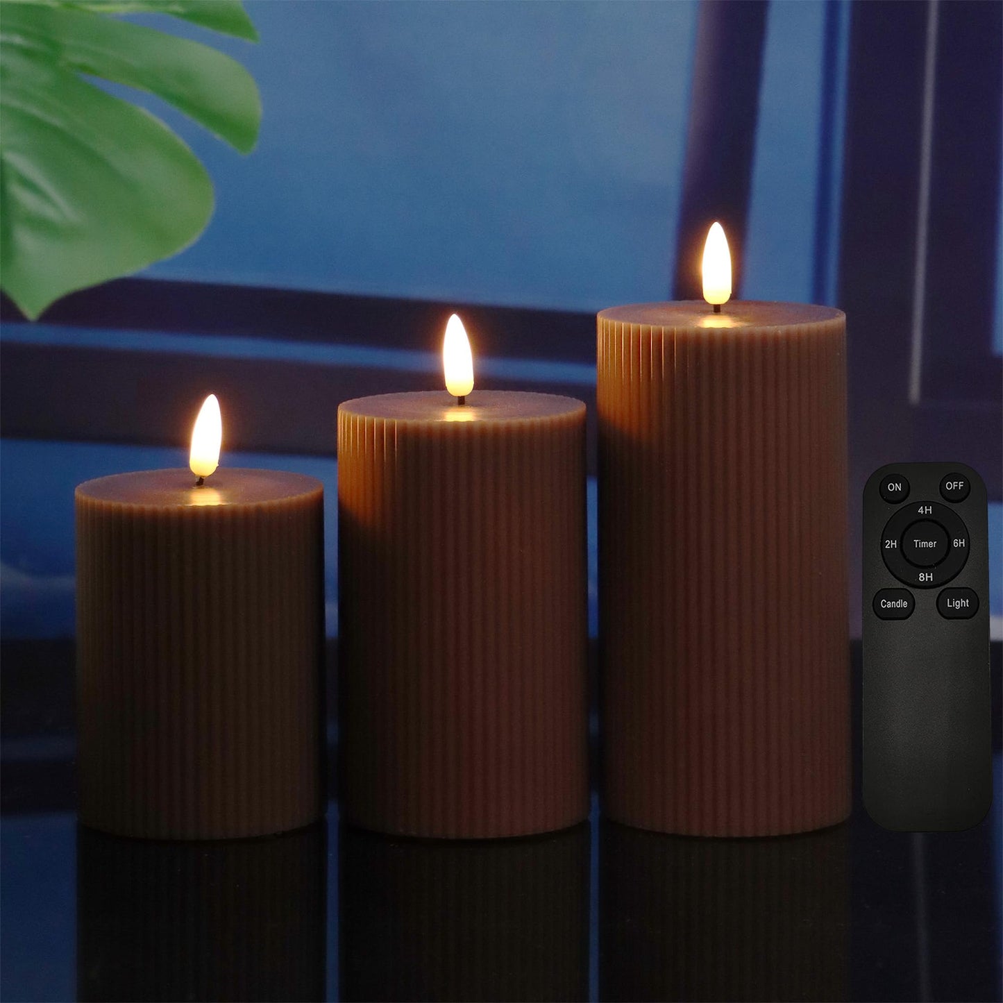 3 Pack Wax LED Flameless Candles with Remote Real Wax Battery Operated Electric Pillar Candle Set with Vertical Stripes 3D Black Wick for Home Party Wedding Decorations, Brown, D 3 x H 4/5/6 inch