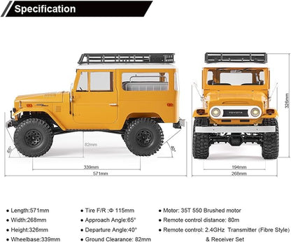 EAZYRC X FMS 1/10 Toyota Land Cruiser FJ40 RS with Licensed RC Truck Blue All Terrain Waterproof 4WD 35T 550 Motor RC Crawler for Adult2.4Ghz Remote Control RS Version(Yellow)