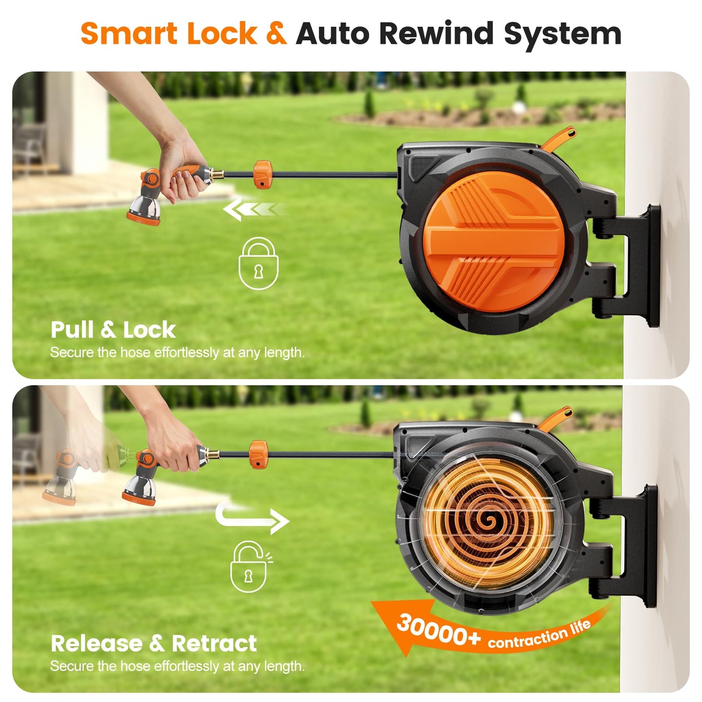 Retractable Garden Hose Reel 5/8” x 100ft, Auto Rewind Hose Reels for Outside, Heavy-Duty Wall-Mounted Outdoor Hose, 10-Mode Nozzle, Adjustable Length, 180° Rotation for Watering, Car Washing