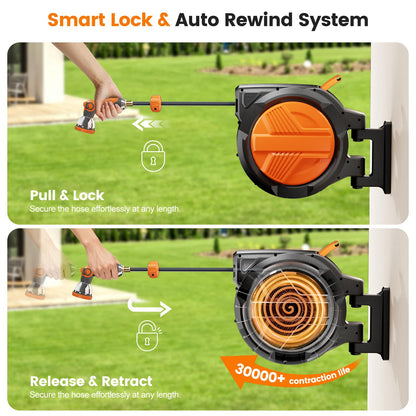 Retractable Garden Hose Reel 5/8” x 100ft, Auto Rewind Hose Reels for Outside, Heavy-Duty Wall-Mounted Outdoor Hose, 10-Mode Nozzle, Adjustable Length, 180° Rotation for Watering, Car Washing