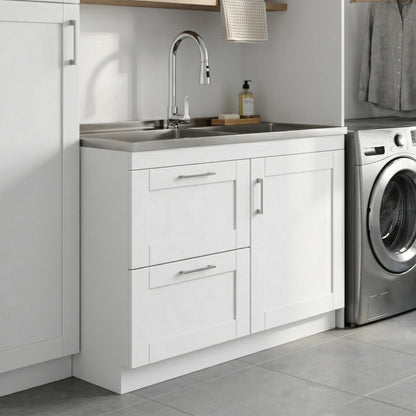 SIMPLIHOME Modern Wide Shaker All-in-One 46 inch Wide Utility Sink and Laundry Cabinet in Pure White Finish, Transitional Stainless Steel Sink Cabinet for Laundry Rooms with High-Arch Chrome Faucet