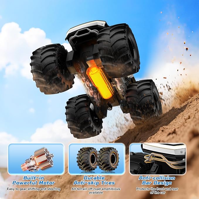 Amphibious Remote Control Car 1:18 Monster Truck Toys for Boys RC Cars 2.4 GHz Waterproof RC Trucks 4WD All Terrain Off-Road Pickup Kids Christmas Birthday Gifts Present Boys Girls Toys Ages 6+