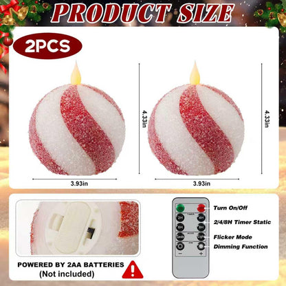 Christmas Sphere Candy-Cane Flameless Candles - Glitter Red&White Real Wax Flickering Ball Candles Battery Operated with Remote, Candy Cane Christmas Decorations, Xmas Tables Centerpieces Decor, 2PCS