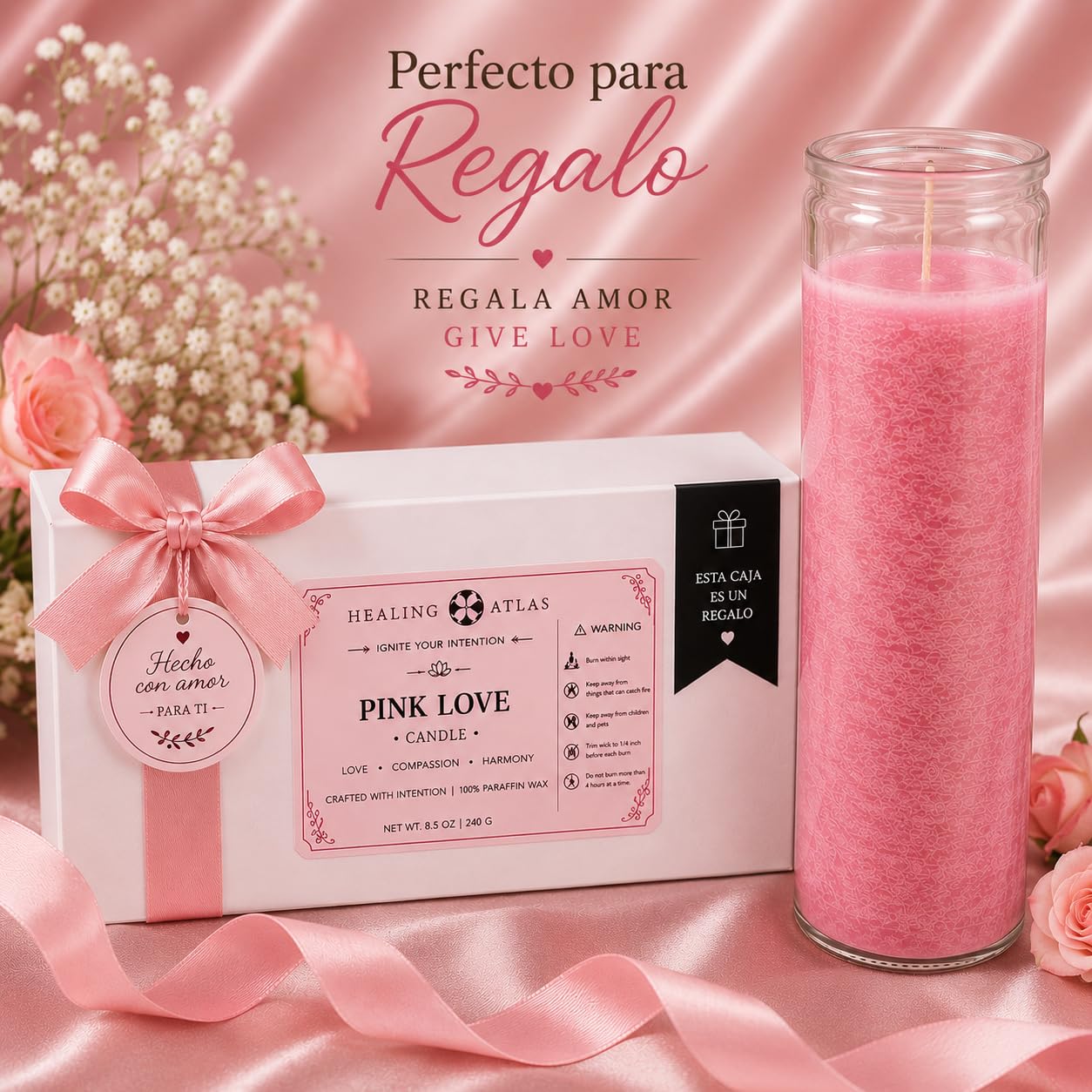 Pink Love Manifestation Candle Kit – 8" Ritual Prayer Candle with Intention Scrolls, Pencil & QR Guide, Self-Love, Harmony & Relationships