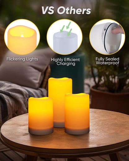 Homemory Solar Powered Candles Outdoor Waterproof, Flickering Glow, Rechargeable Candles, Solar Powered Candles for Outside, Lanterns, Sensor Only, Dusk to Dawn, Set of 3