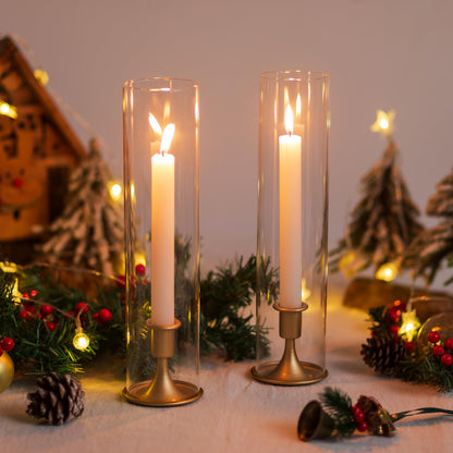 Romadedi Hurricane Candlestick Holders Gold - Taper Candle Holders Tall Clear Glass Cylinder for Wedding Table Centerpieces Party Decor Birthday Christmas Home Decorations Set of 2