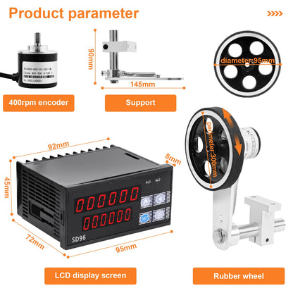 JIAWANSHUN Digital Length Meter Counter with Measure Wheel, Feet/Inch/Meter Selectable Units, 6-Digit Display 0-999999, AC 100-240V Input DC 12V Output