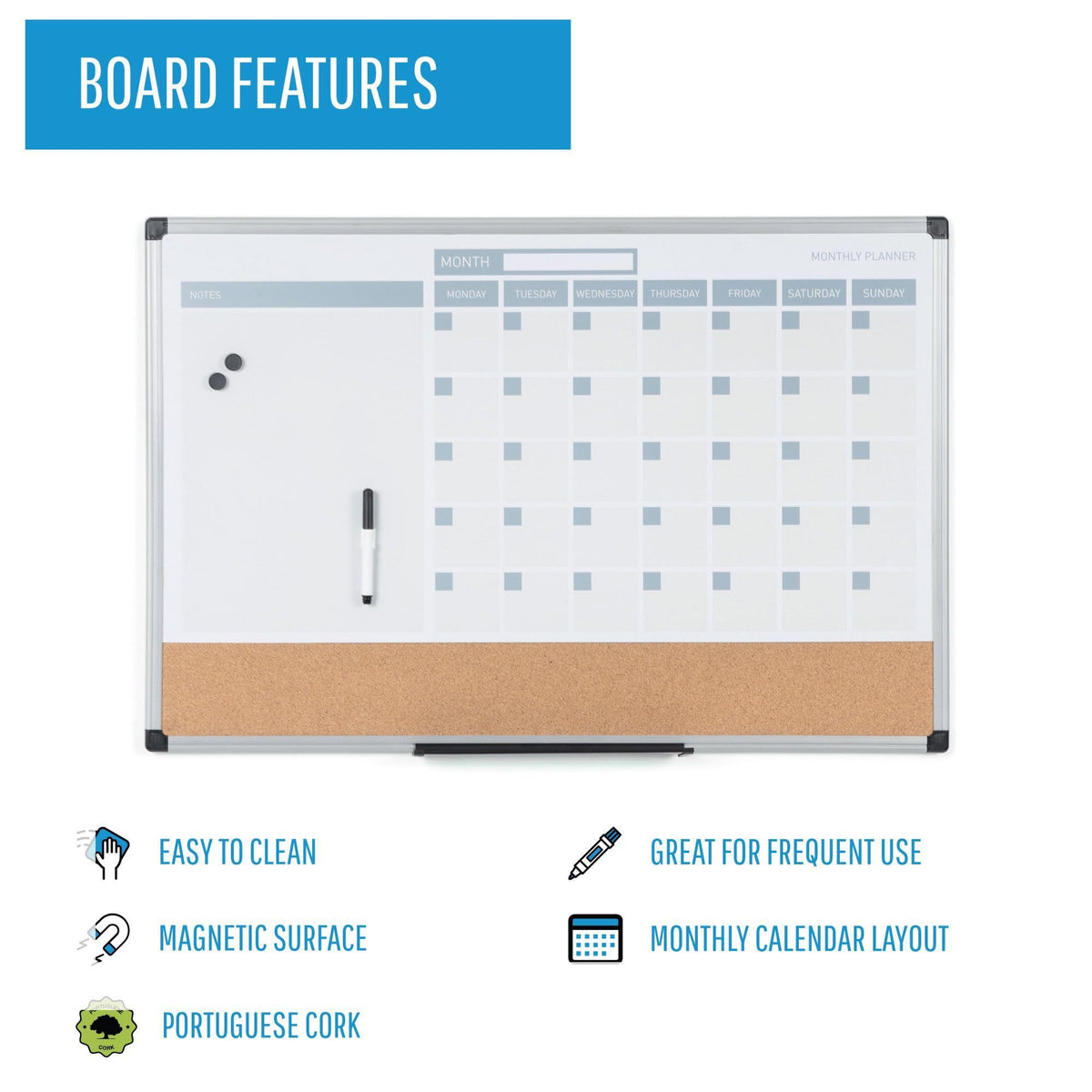 MasterVision Magnetic Dry Erase Monthly Calendar Planner Push Pin Corkboard Combo with Marker Tray, 24" x 36", Gray Plastic Frame, White, MB0707186P