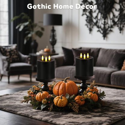 Large 3 Wick Flameless Candles Set of 2, 4"x4" Flickering LED Candles with Remote & Timer, Dimmable Real Wax Electric Pillar Candles Battery Operated, Black Candles Light for Home Halloween Decor