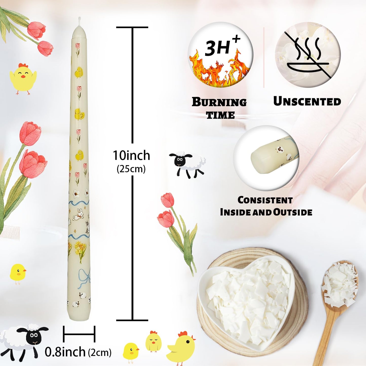 Floral Taper Candles 10 Inch Tall Unscented Handmade Beige Rabbit Print Long Burning Elegant Candlesticks for Wedding Dinner Home Decor