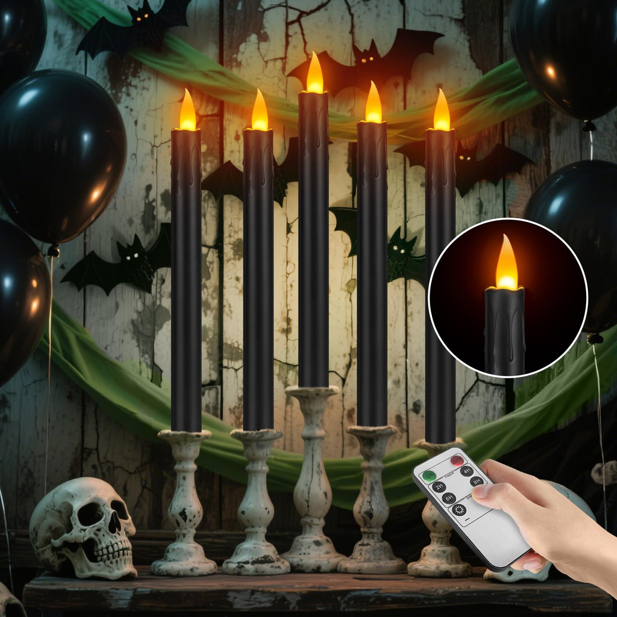 wemarry 6 Pcs Black Flameless Taper Candles with Remote, 10" Tall Electric Led Candlesticks, Plastic Battery Operated Taper Candles for Halloween Dinner Party Wedding Birthday Home Décor(Black Drip)