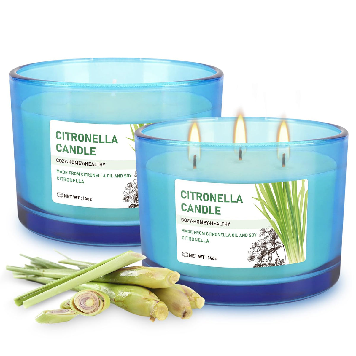 2x14oz Large 3-Wick Outdoor Indoor Citronella Candles, Long Lasting to 30 Hours, Scented Natural Soy Candle for Garden Camping Party Yard Balcony
