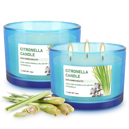 2x14oz Large 3-Wick Outdoor Indoor Citronella Candles, Long Lasting to 30 Hours, Scented Natural Soy Candle for Garden Camping Party Yard Balcony